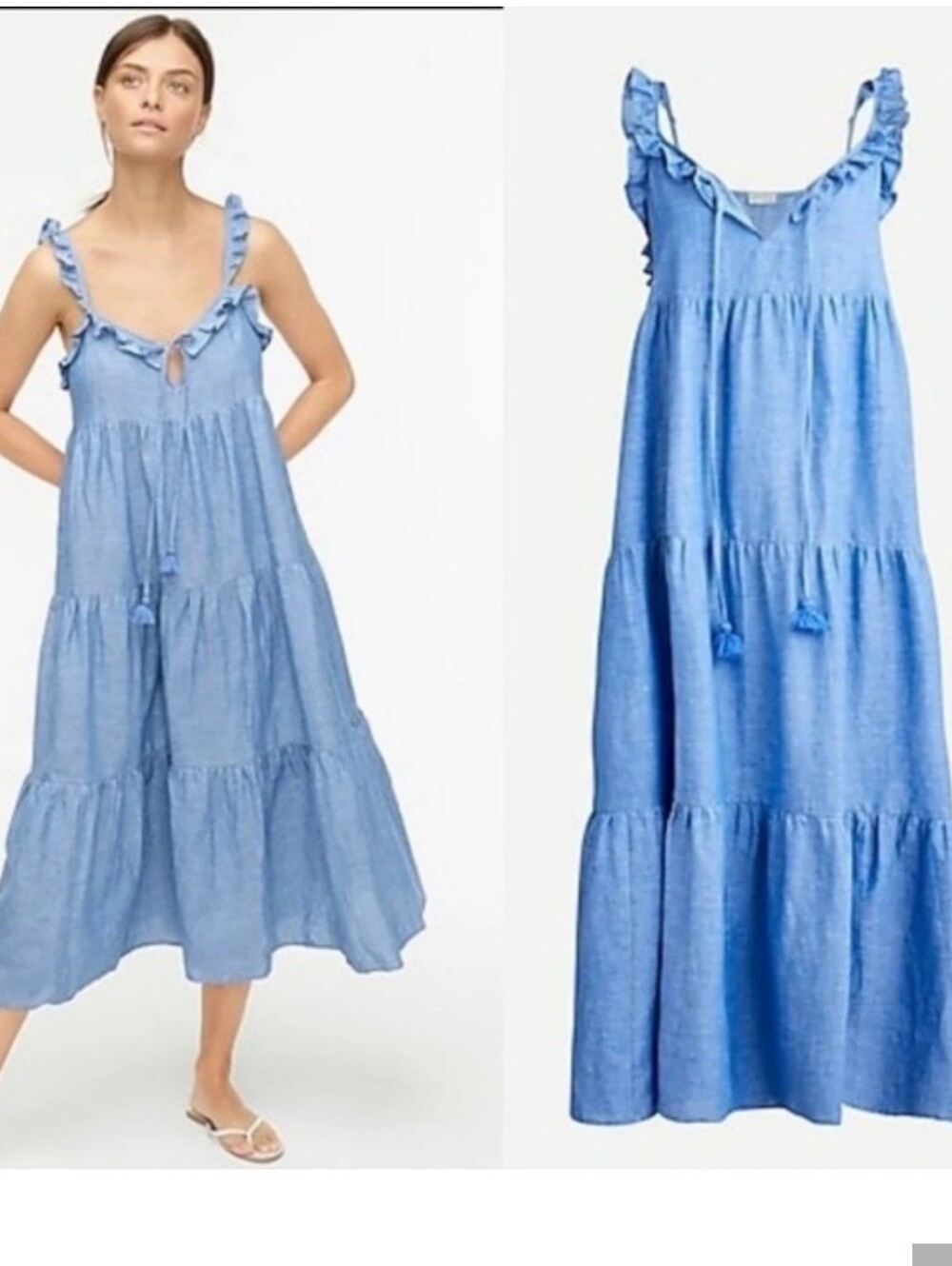 J. Crew Chambray Blue Ruffle Strap Midi Dress